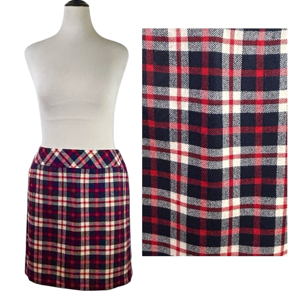 TALBOTS Woman Petite NEW Plaid SKIRT 14 W P Wool Preppy Red Blue Office Academia
